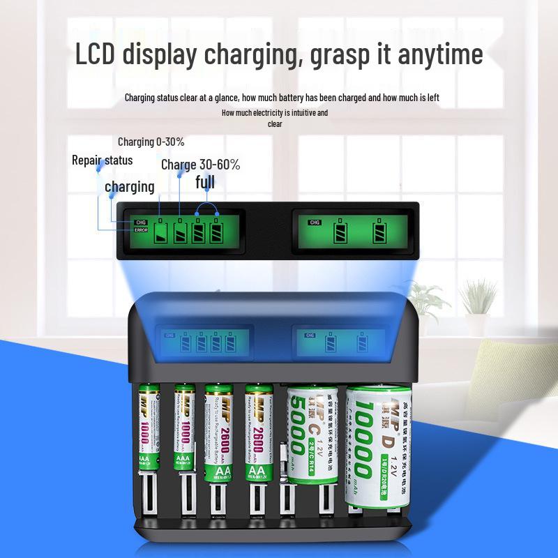 Eight-Slot USB LCD Universal Charger for AA/AAA/C/D Ni-MH Batteries with Type-C Charging