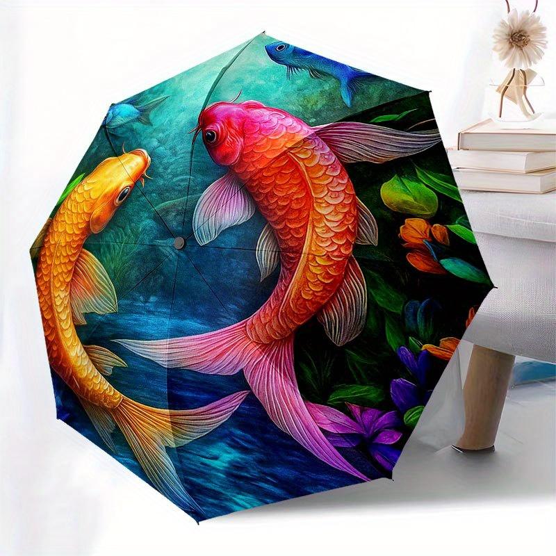 Colorful Koi Fish Pond Wall Art Decor Umbrella, Cute Umbrella with Cute Design, Portable 3-Fold Compact Umbrella for Men & Women, Valentine's Day Moth
