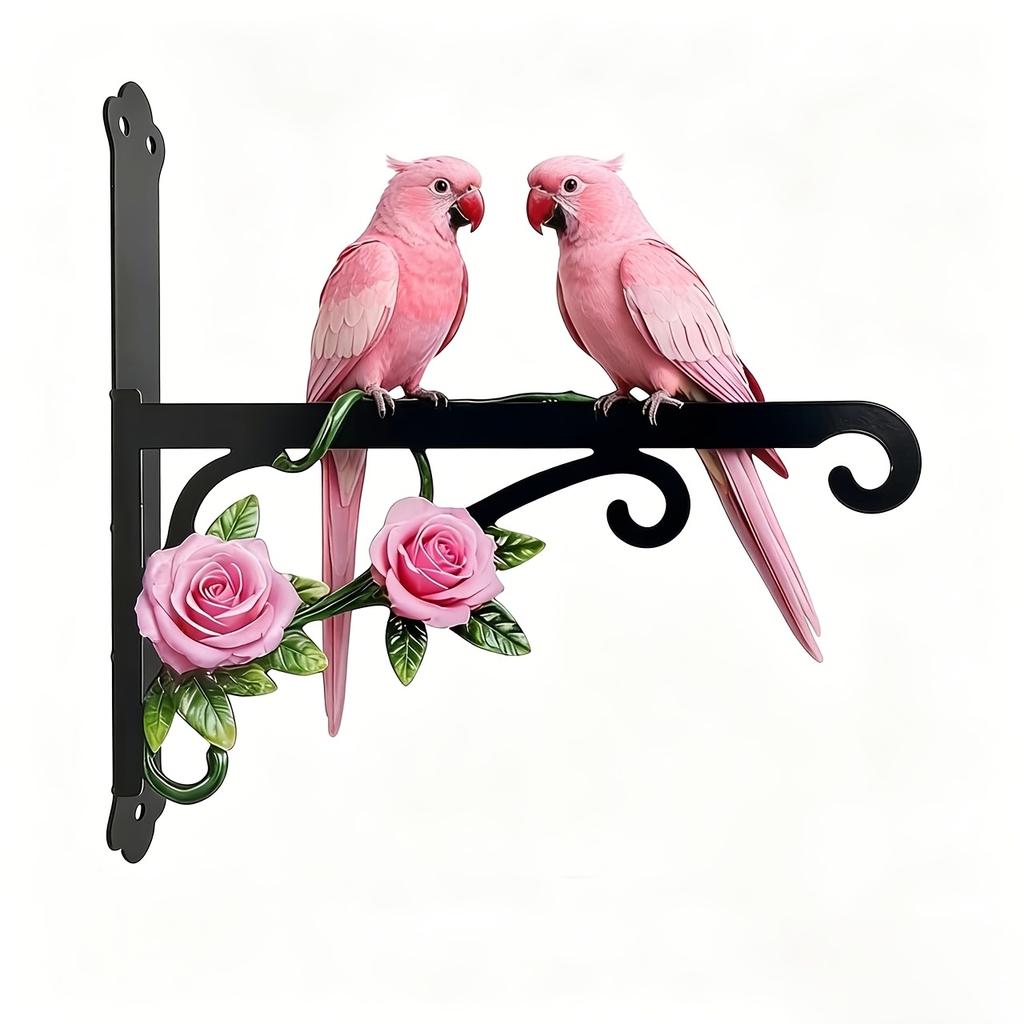 1Pc Metal Pink Wall Outdoor Hanger With Two Parrot Theme Design, Brightly Colored, Rust-Proof And Sun-Resistant, Comes With Mounting Screws, Very