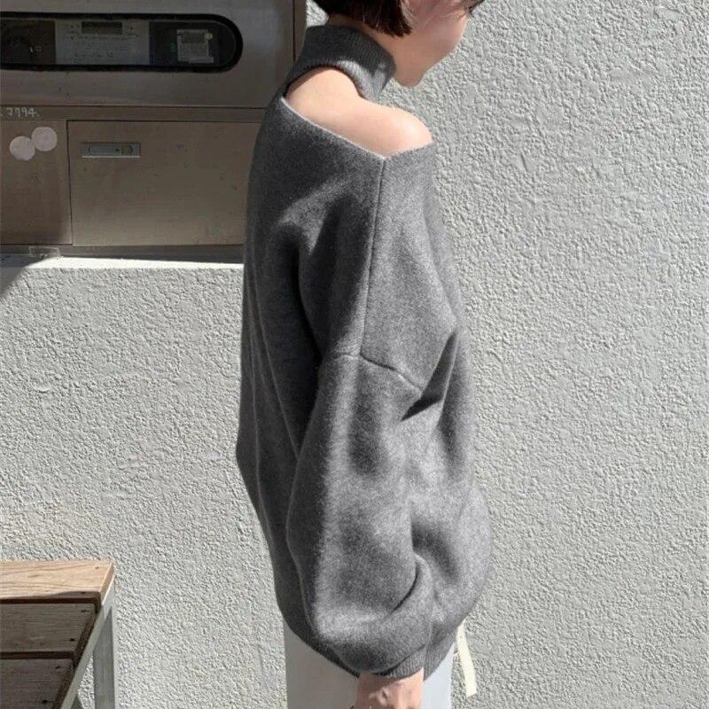 Casual Loose Outerwear Knit Tops Autumn Winter Fashion Sexy Off Shoulder Turtleneck Sweater Pullovers Women Solid Clothes 28353