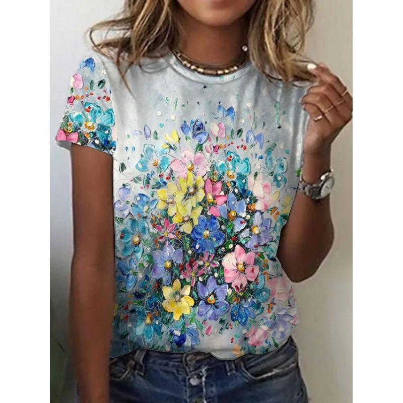 Женская футболка с короткими рукавами и 3D-принтом Holiday Weekend Basic с круглым вырезом и обычным цветочным принтом