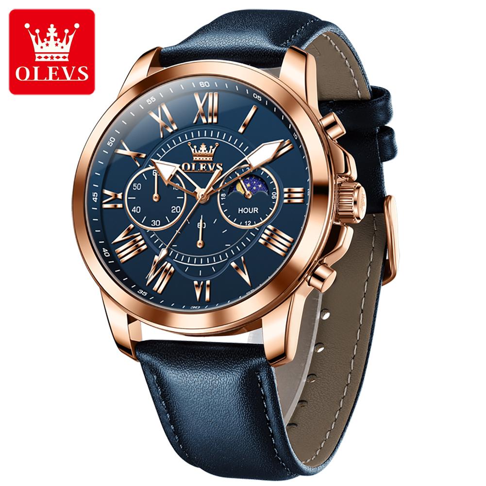 OLEVS Men's Watches Casual Fashion Leather Strap Original Quartz Wristwatch for Man Waterproof Luminous Moon Phase Big Dial 3632