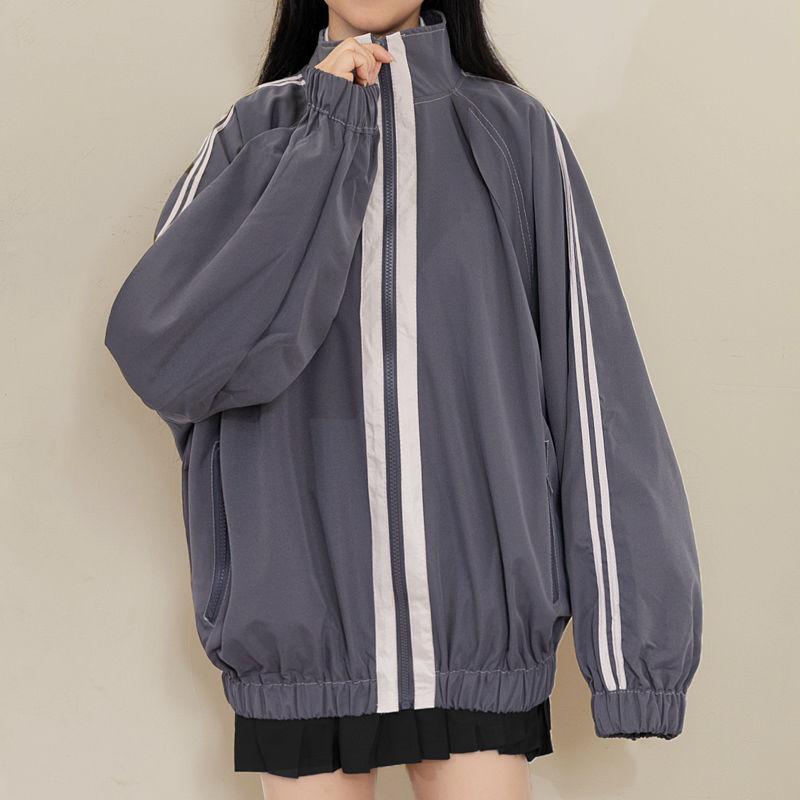 Jackets Women Striped Females BF Harajuku Stand Collar Zipper-pocket Leisure Streetwear Popular Wind-proof Outwears