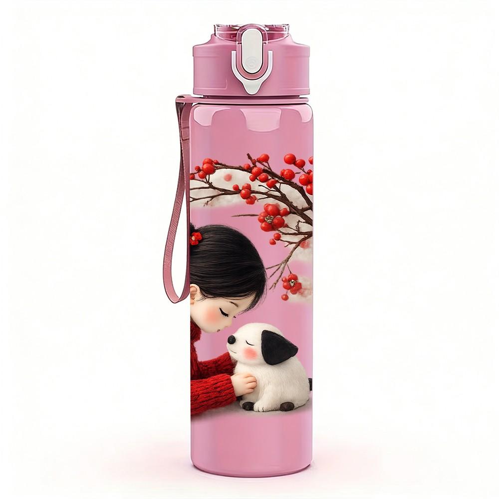 1PC Little Girl Play With Puppy Print 750ml Color Plastic Sports Water Bottle Leakproof Flip Straw Lid Suitable for Sports Office Home Use