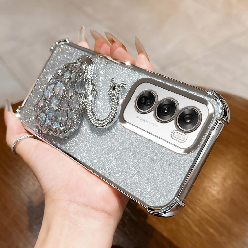 KEYSION Shockproof Plating Phone Case for OPPO Reno12 Pro 5G Clear TPU Glitter Jewelled Swan kickstand Back Cover for OPPO Reno12 5G