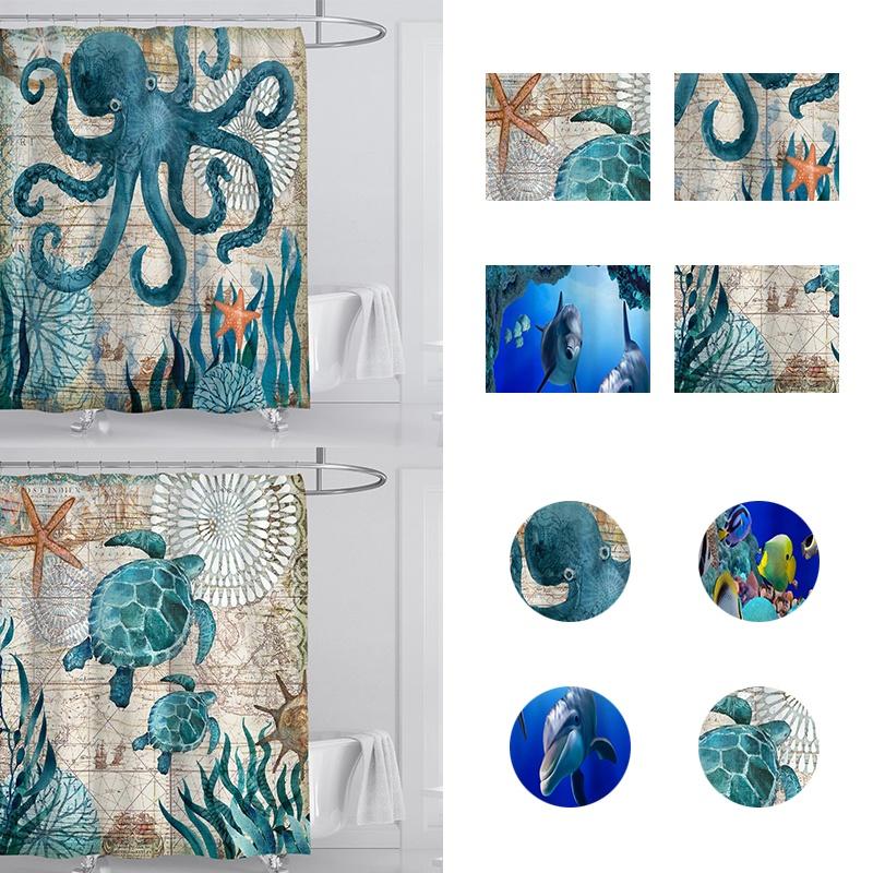 Экологичная шторка для душа с морской черепахой и осьминогом, изготовленная из мягкого полиэфирного волокна и оснащенная крючками для легкой установки