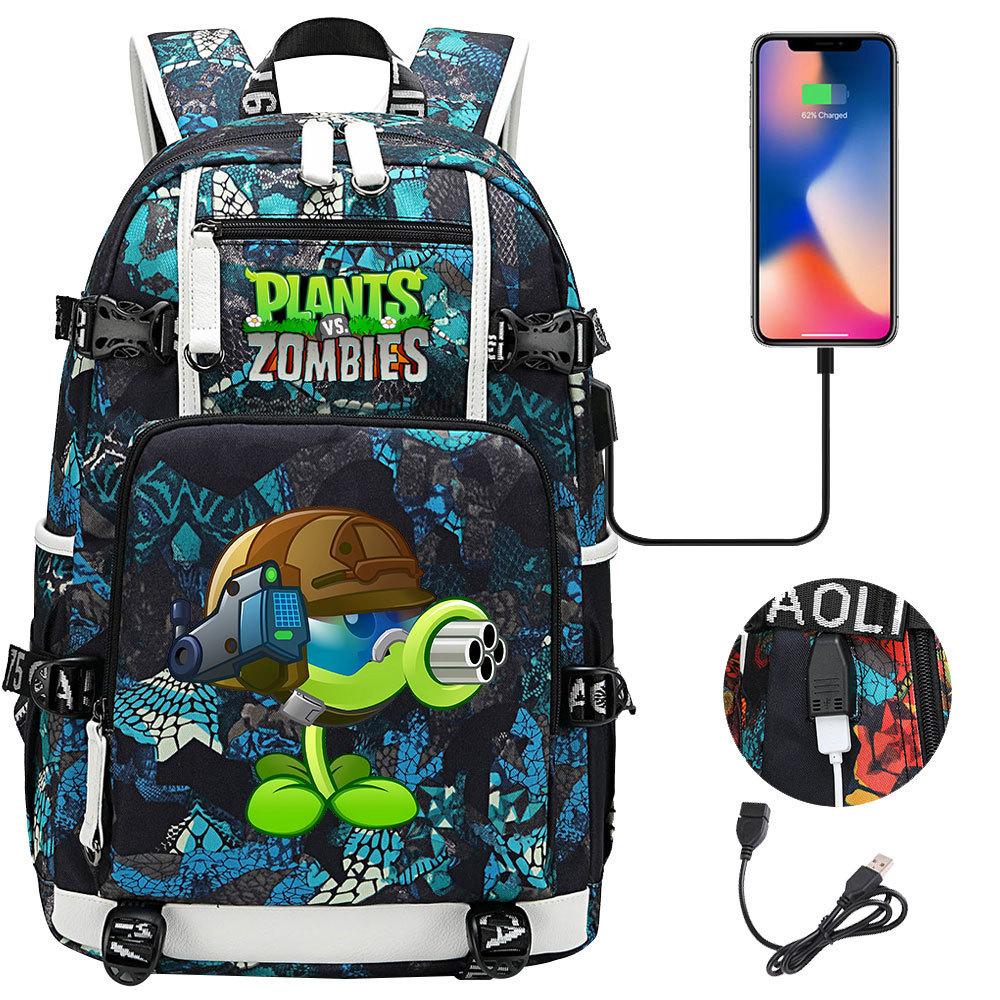 Plants vs Zombies USB Headphone Backpack for Teens Students Casual Travel Daypack Large Capacity Laptop Bag
