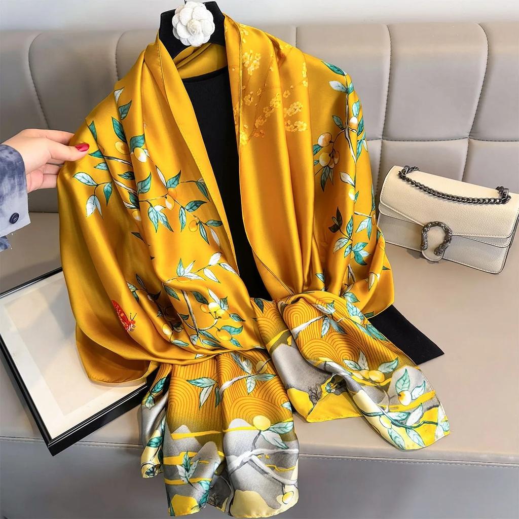 Luxury Brand Women Summer Silk Scarves Shawls Lady Wraps Soft Female Beach Yellow Stole Bandanna Foulard Muffler Scarf