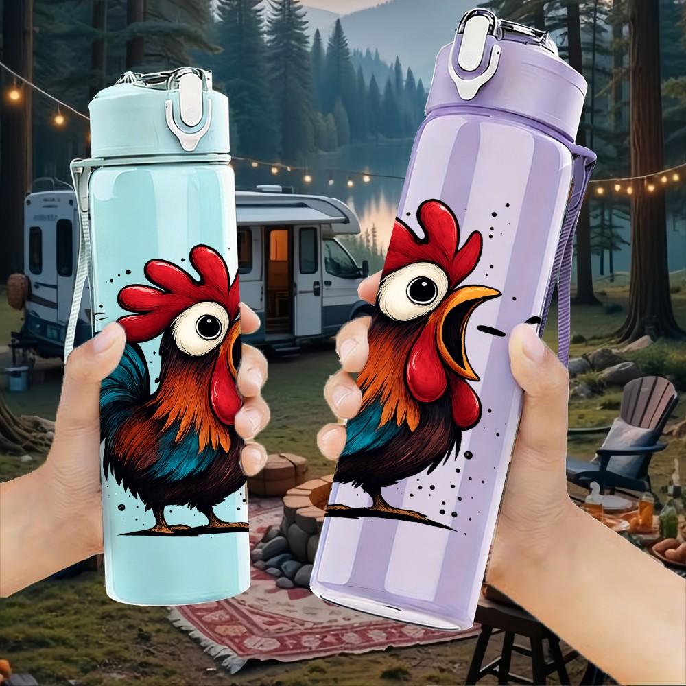 1PC Rooster Caw Letter Illustration 750ml Color Plastic Sports Water Bottle Leakproof Flip Straw Lid Suitable for Sports Office Home Use