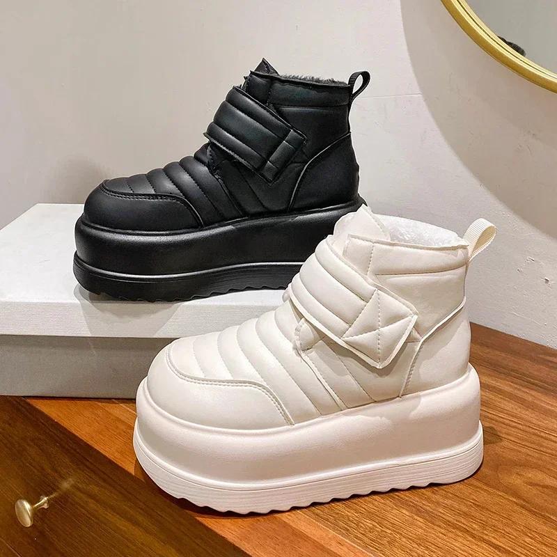 8 см толстая подошва хлопковые ботинки женские зимние сапоги плюшевые теплые на липучках увеличивающие рост комфорт легкие короткие сапоги Botines