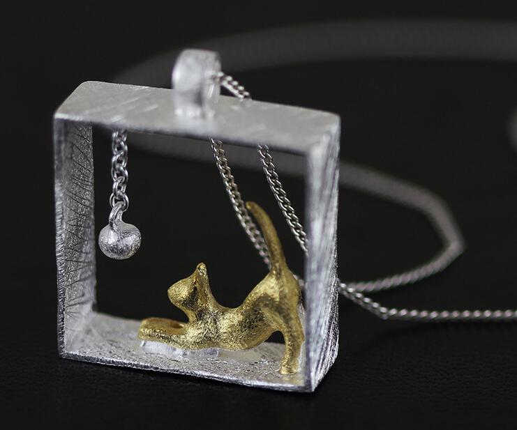 925 Silver Square cat Necklaces & Pendants For Women High Quality -silver-jewelry
