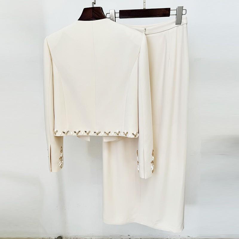 2025 New European & American Beaded Cardigan Jacket & Slit Midi Skirt Set