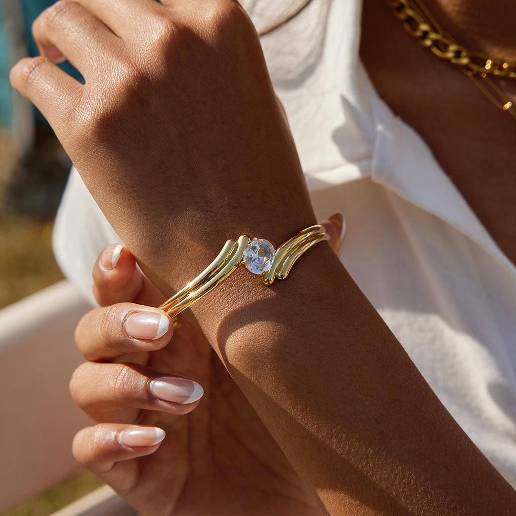 Uworld Classic 18K Plated Irregular White Zircon Double-Layer Open Bracelet Women Gold Color Stainless Steel Bracelets Jewelry