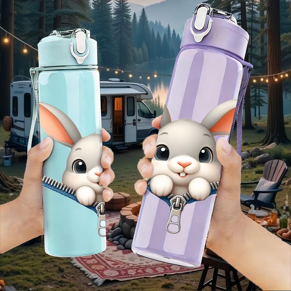 1PC Cute Rabbit Zipper Surprise Cartoon Portrait 750ml Color Plastic Sports Water Bottle Leakproof Flip Straw Lid Suitable for Sports Office Home Use