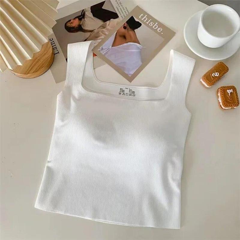 Новый камзол с широкими плечами и квадратным вырезом, красивый жилет с резьбой сзади, женский бесшовный цельный повседневный однотонный топ с фиксированной чашкой