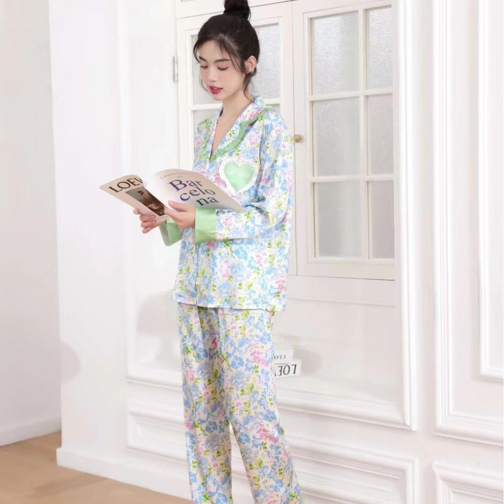1011 new pajamas women's ice silk long-sleeved printing loose fashion small fresh and sweet floral loungewear set