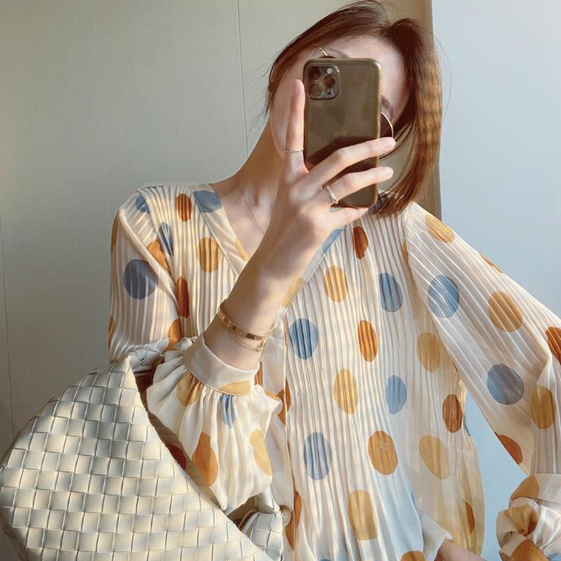 Женская летняя рубашка из шифона в горошек, свободная верхняя рубашка с длинными рукавами, кардиган