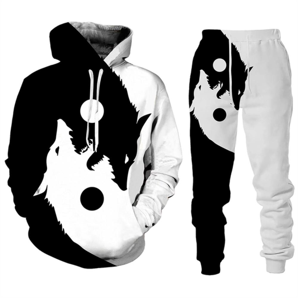 Модная уличная одежда, мужские комплекты, спортивные костюмы, новые мужские толстовки с принтом волка и спортивные штаны, костюм из двух предметов, повседневная мужская одежда с капюшоном