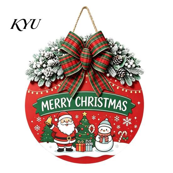 Gift for Christmas Wooden Welcome Sign Front Door, Round Hanging Ornament with Festive Home Decoration Artificial Pine Branches & Bow Decor