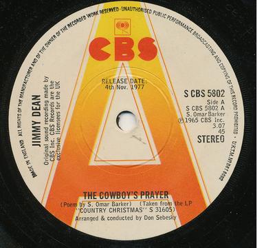 7-дюймовая пластинка ДЖИММИ ДИН - Молитва ковбоя SCBS5802PROMO CBS 1977 Великобритания Кантри Б/У