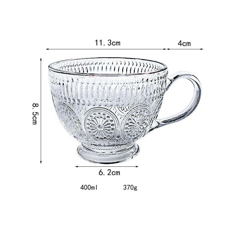 400ml European Retro Glass Cup Sun Flower Embossed Breakfast Milk Cup Anti-scald Handle Tea Coffee Cup Milkshake Juice Cup For Party