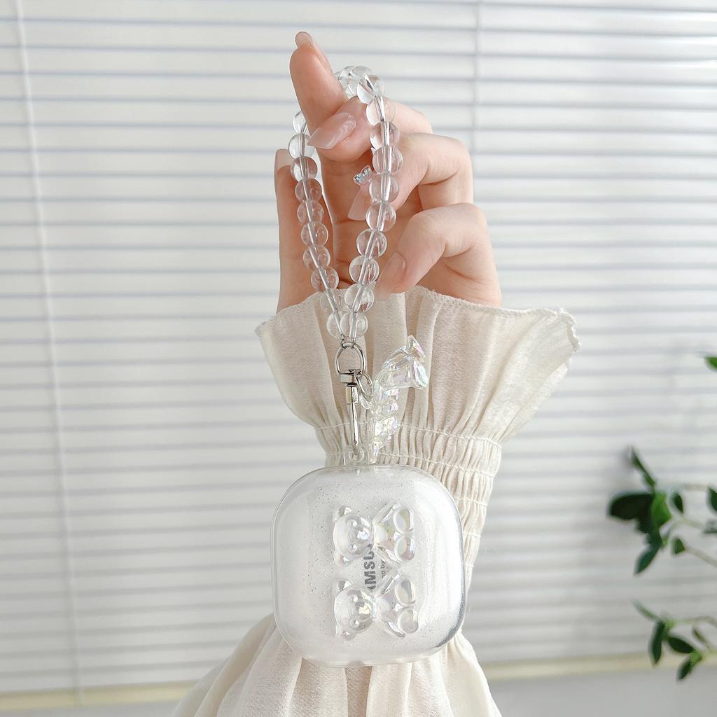 Прозрачный чехол для наушников с 3D медведем и милым мультяшным принтом для Samsung Galaxy Buds 2 Pro Live, чехол для Galaxy Buds2 Pro, полная защита с жемчужным ремешком