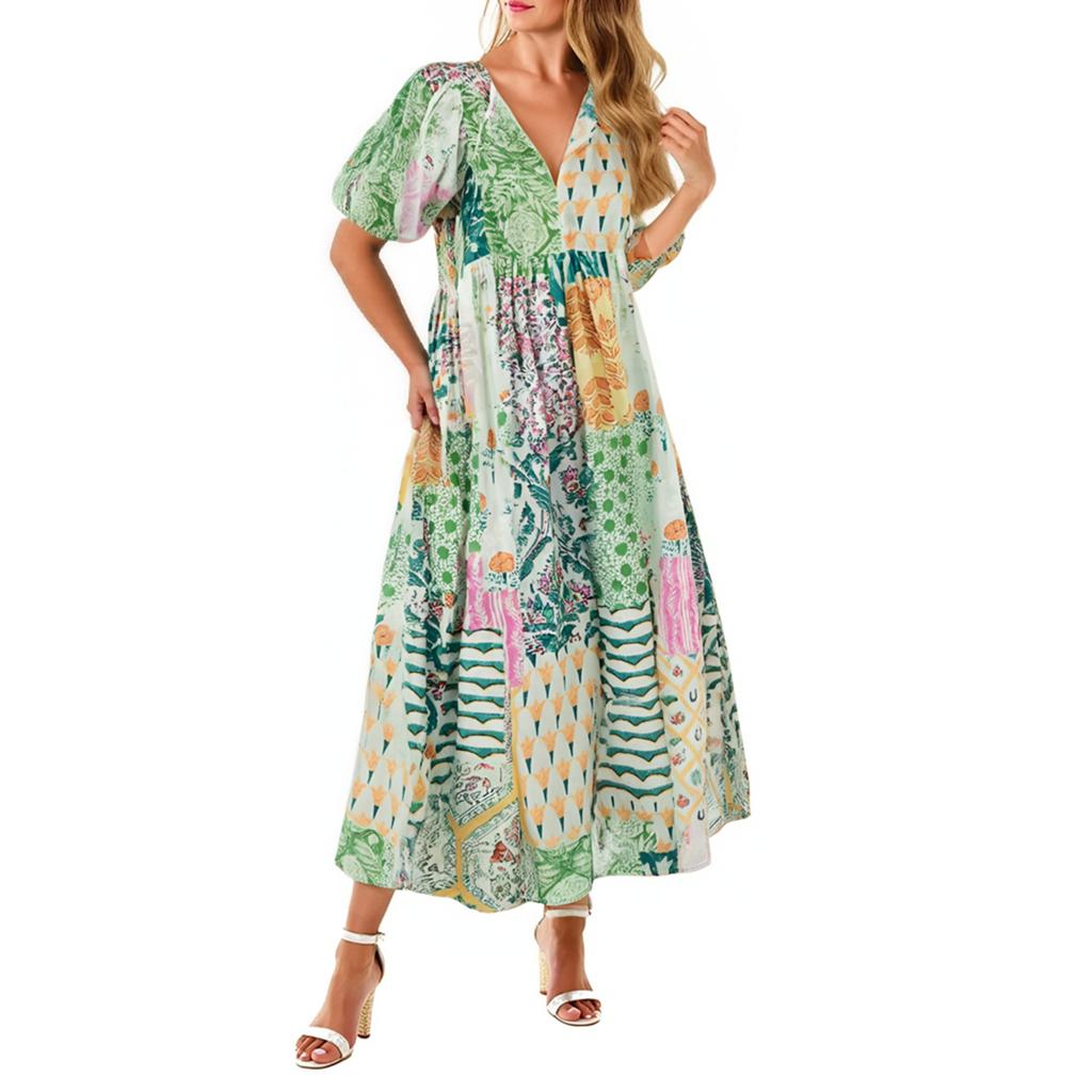 Women's Summer Floral Print Loose Sundress Half Sleeve Beach Flowing Bohemian Maxi Dress