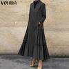 Women Fashion Stand Collar Long Sleeve Solid Color Ruffle Hem Shirt Dresses