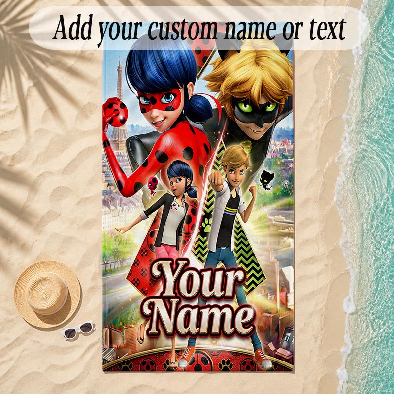 Beach TowelMiraculous Ladybug Custom Name Text Personalized Soft Towel for Beach Pool Indoor Home Decor Gift