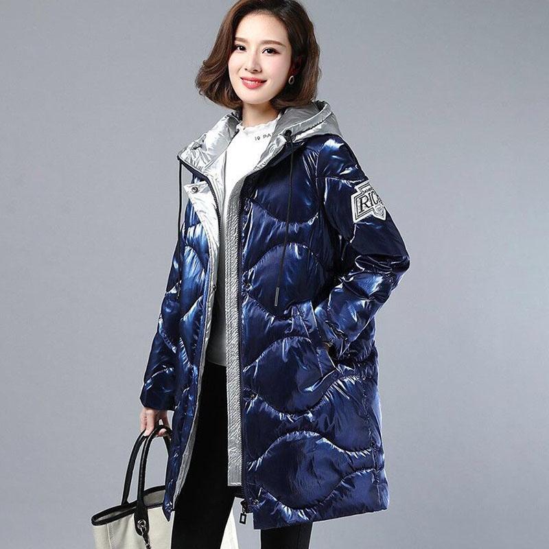 Женское зимнее корейское свободное стеганое пальто, теплая куртка-парка с воротником-стойкой, женская глянцевая куртка средней длины
