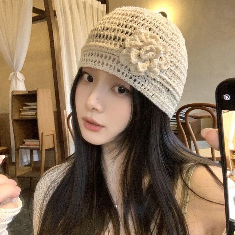 Handmade Crochet Flower Hat Glitter Weave Cap Cute Sequin Knitted Hat  Girls