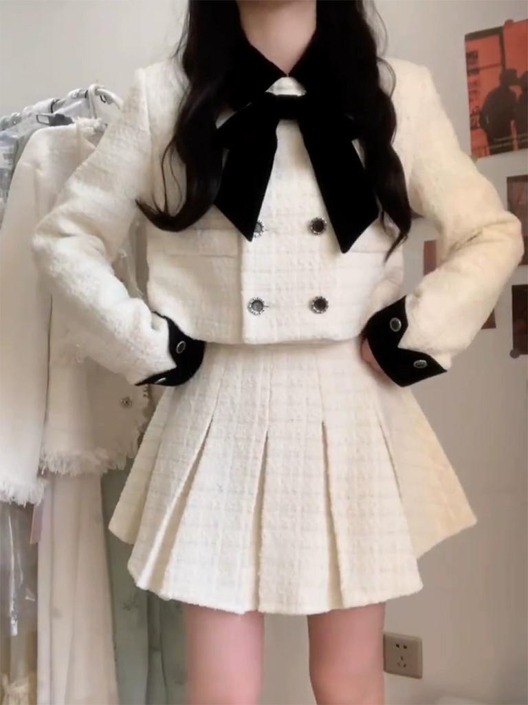 France Winter Elegant Party Two Piece Set Women Bow Short Coat + High Waisted Pleated Skirt Korea Chic Design Skirt Set 2024 New