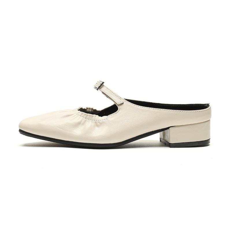 French Square Toe Half Slippers Women Summer Outer Wear One Strap Pleated Silver Baotou Single Shoes Women