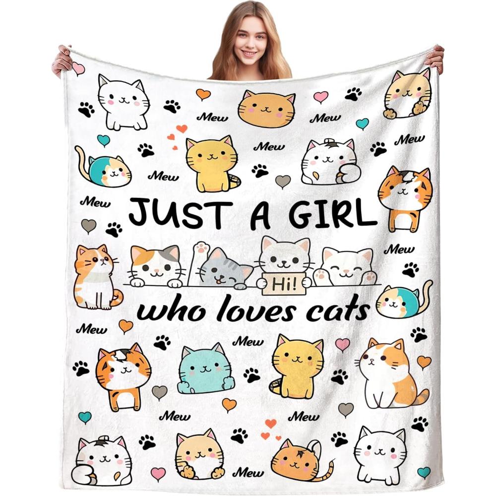1pc Cozy Cat Throw Blanket Suitable for Women & Men Soft Flannel Bedspread with "Just A Girl Who Loves Cats" Traditional Kitten