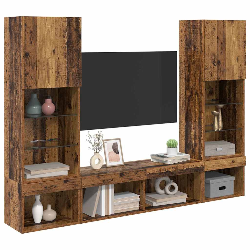 TV Wall Units with LED Lighting 5 pcs Reclaimed Wood Effect Particleboard