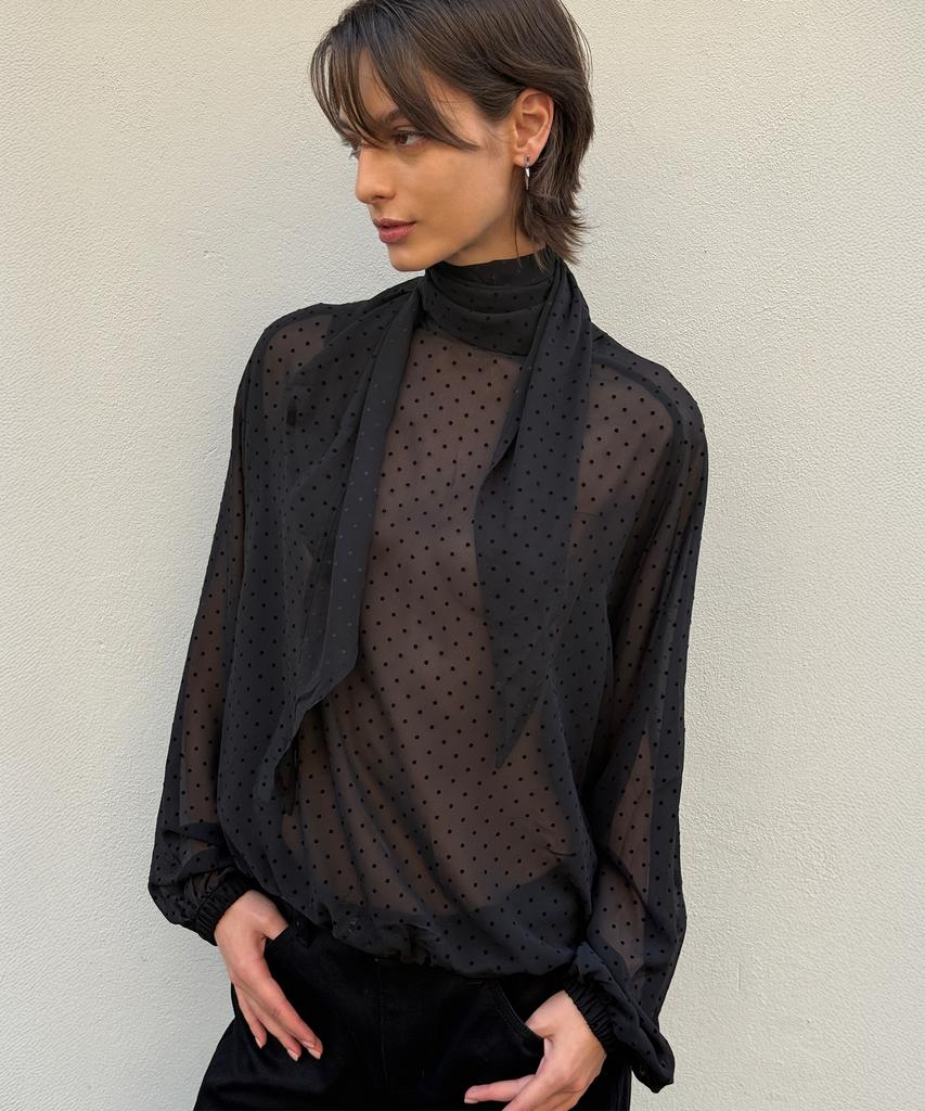 LMOOD WOMEN Polka Dot See-Through High-Neck Blouse Black