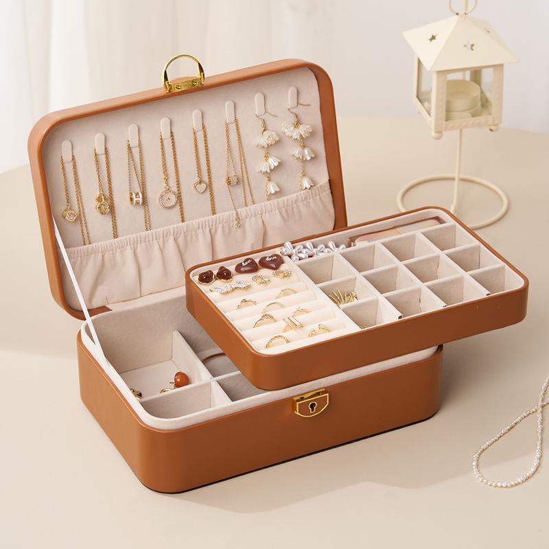 Двойная шкатулка для хранения ювелирных изделий, ожерелий, сережек, колец, ювелирных изделий, настольная шкатулка для хранения ювелирных изделий с несколькими отделениями и замком