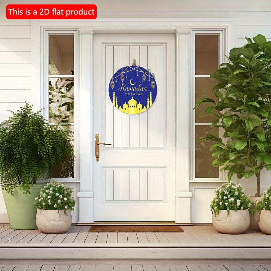 2D Flat 20*20cm1pc Ramadan Mubarak Gold Sumptuous Mosque Scenery Wooden Ramadan Door Sign, Ramadan Theme Moon&starry Sky Patterns Round Hanging