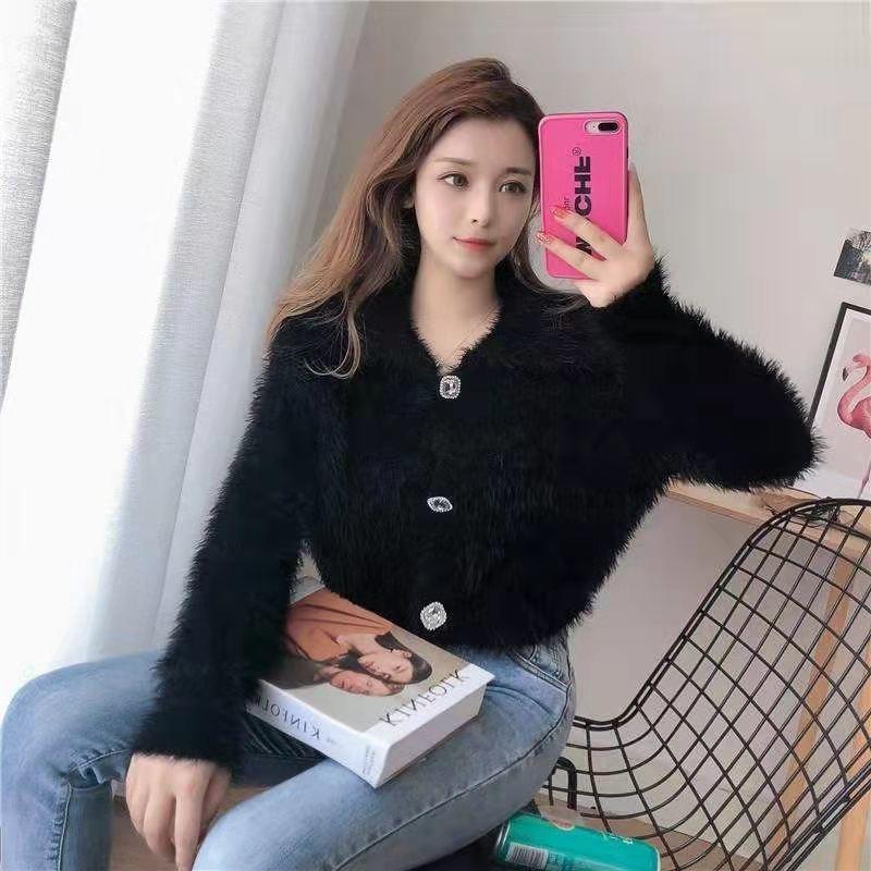 Норковый флисовый кардиган, свитер, женский короткий свитер-поло, мягкий восковой осенний однотонный вязаный кардиган с ромбовидными пуговицами, маленький ароматный свитер, пальто
