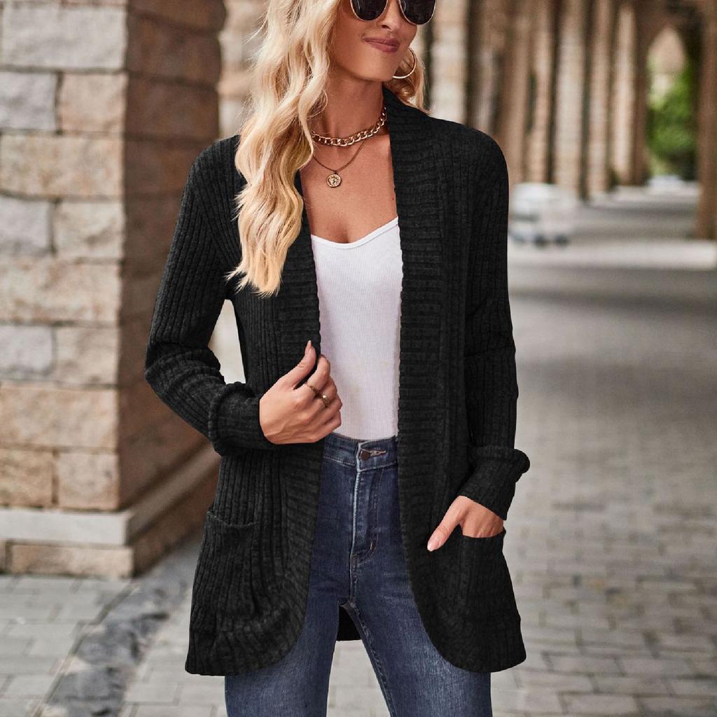 Women Ladies Solid Color Long Sleeve Length Cardigan Sweater Coat Top