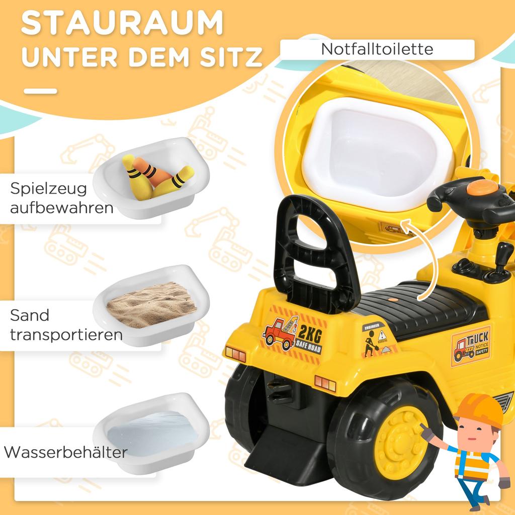 Ride-On Excavator Ride-On Digger with Shovel Kids Excavator with Storage Under Seat Sliding Car Toy Excavator for Sitting up to 30kg