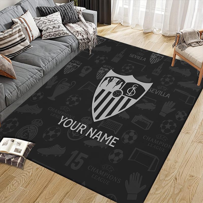 Custom Name Sevilla FC Flannel Pattern Square Carpet,Area Rug,Carpet Rug for Living Room Bedroom Sofa Playroom Decor,Non-slip Floor Mat