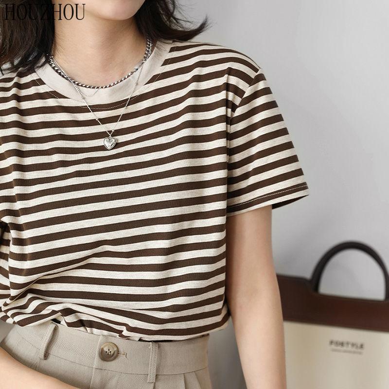 HOUZHOU Полосатая футболка женская зеленая с коротким рукавом летние свободные корейские шикарные повседневные топы большого размера