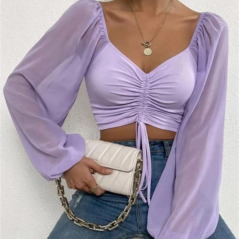 Summer New V-neck Chiffon Drawstring Lantern Sleeve Tight Fashion Sexy Shirt Top