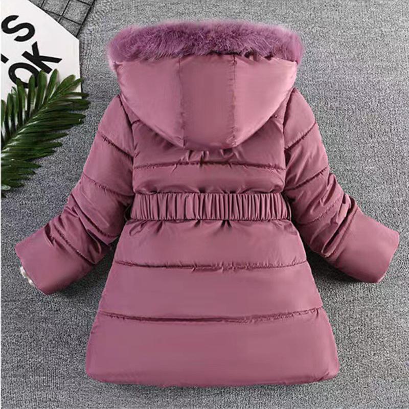 Winter Clothes Girls Medium To Long Length Coat Kids Snow Puffer Jacket Hooded Warm with Waist Belt and Pockets