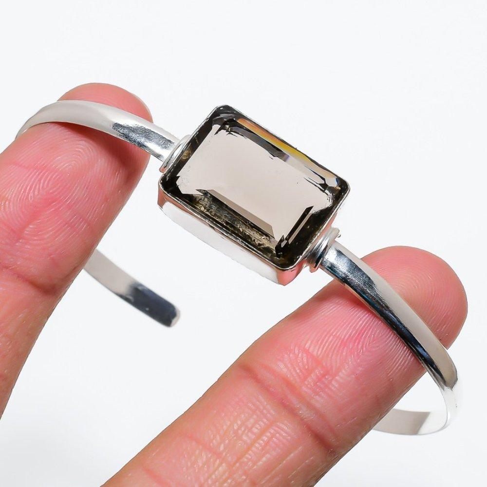 Регулируемый браслет-манжета из стерлингового серебра 925 пробы с натуральным дымчатым топазом ручной работы I7Q82