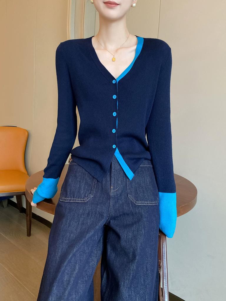 Осенний вязаный кардиган для девочек, лоскутный свитер с длинными рукавами, рубашки, женские вязаные топы контрастного цвета