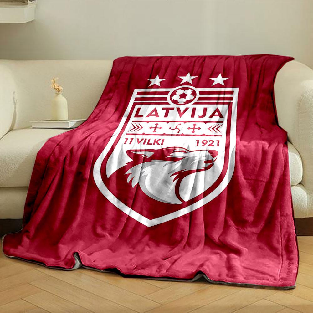 Artistic Latvia Football Team Crest Emblem Red Plush Blanket, Chunky Knit Throw for Sofa Nights, Soft Velvet Blanket for Lounging
