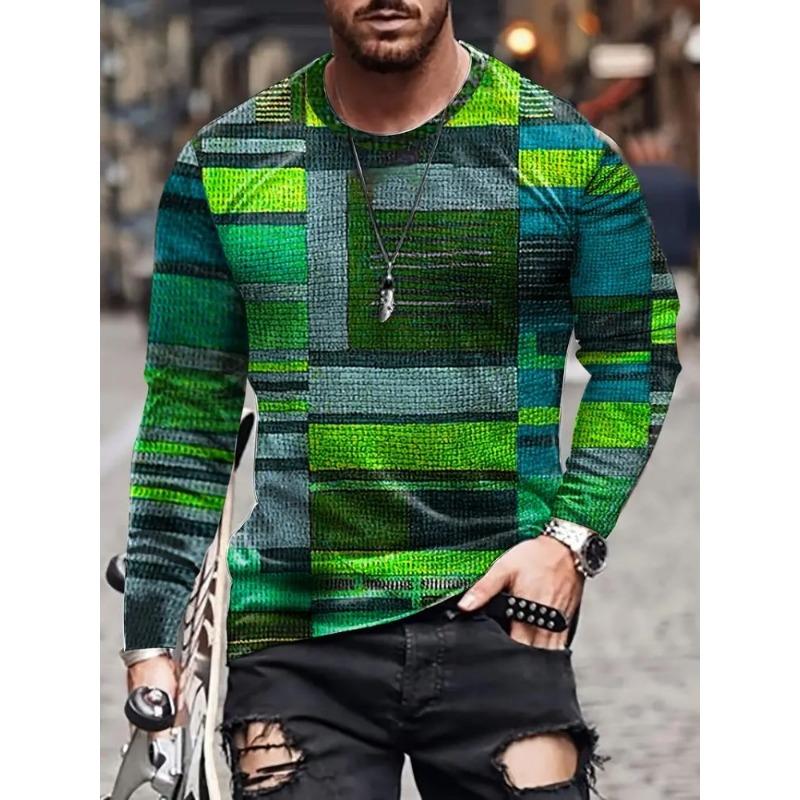 Trendy Retro Contrast Color Fabric Series 3D Printing Summer Round Neck Casual Long-sleeved T-shirt Fashionable Men's Clothing