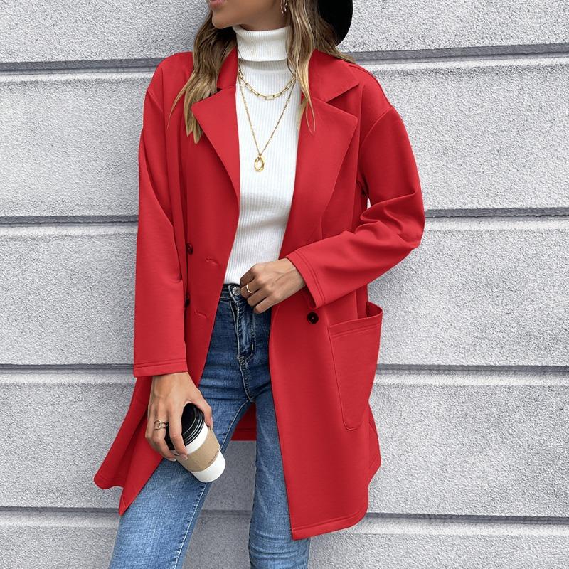 Autumn Mid Long Solid Casual Loose Women Jacket Double Breasted Formal Office Jackets for Women Fashion Winter Pockets Notched Ladies Coat 24899